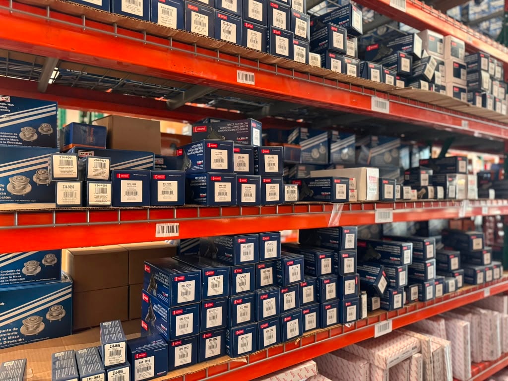 Auto parts inventory organized on warehouse shelving